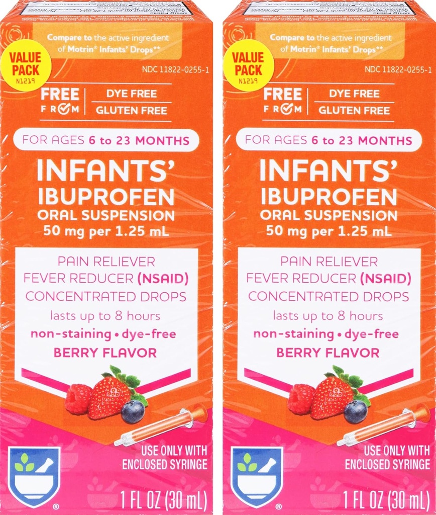 对6至23岁的婴儿来说,Rite Aid Indones's Dye-Free Ibuprofen Drops, Berry Flavor, 50 mg - 2 价值包装 *===============================================================================================================================================================================================================