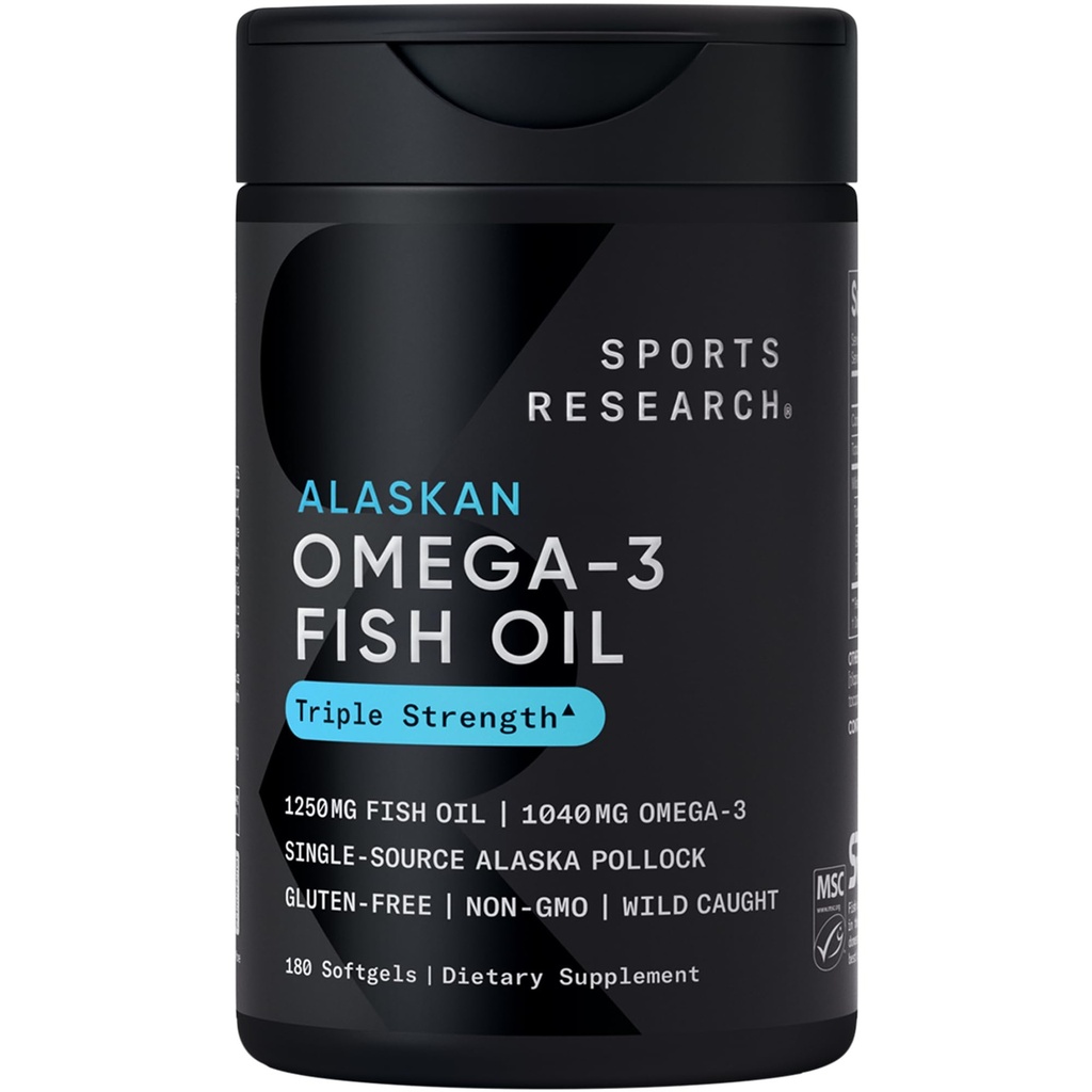 体育研究三重力量 Omega 3 鱼油 - Burpless Fish Oil Supplement w/EPA & DHA 单源野生阿拉斯加的脂肪酸 - 1,250 mg,180 cm