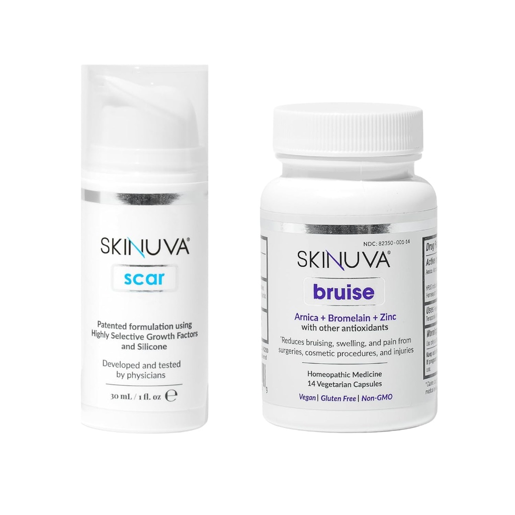Skinuva 刀疤(1 oz) 和 Bruise(14个胶囊) - 高级硅酮凝胶 配以生长因子 和 Homopathic Bruise 配以 Arnica, Bromelain & Zinc 配以的治疗方法