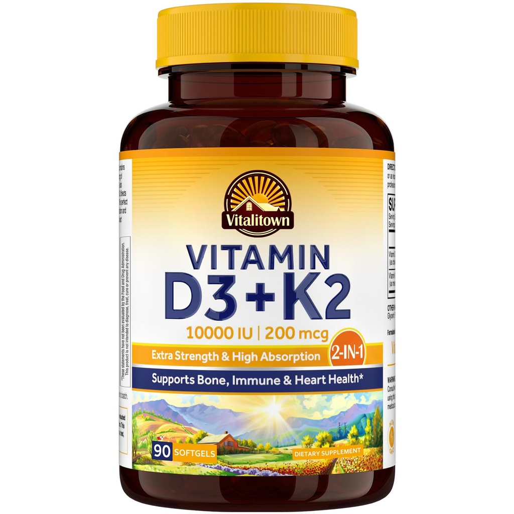 维塔利敦维生素D3 K2补充剂,维生素D3 1000 IU维生素K2(MK7)200 mcg,90 Softgel,Non-GMO,No Gluten & Soy,用于骨,牙齿,Immune和心脏健康.