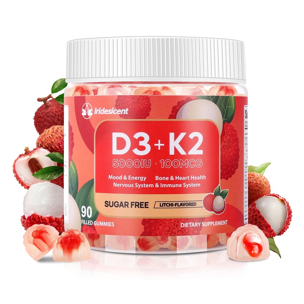 维生素D3 K2 Gummys w/无糖镁 - 90 Counter QQ D3 Vitamin 5000 IU + K2(MK-7) 100 mcg - Vegan K2 D3 维生素补充剂 高吸附支持骨,肌肉,Mood & Immune(Lychee Flavor)
