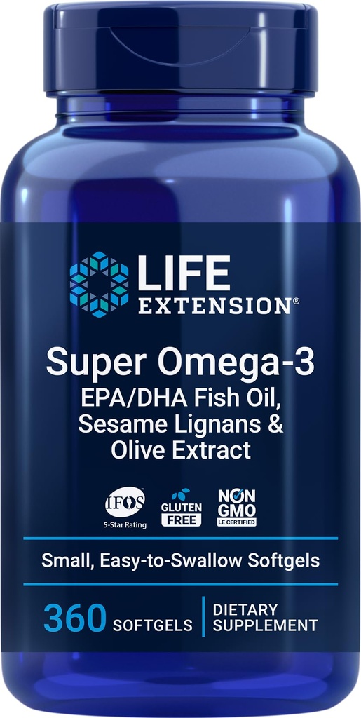 生命延长 Super Omega-3 360 Softgels, Easy to Swallow, EPA/DHA Omega3 Fish Oil, Sesame Lignans & Olive Extractions (英语).