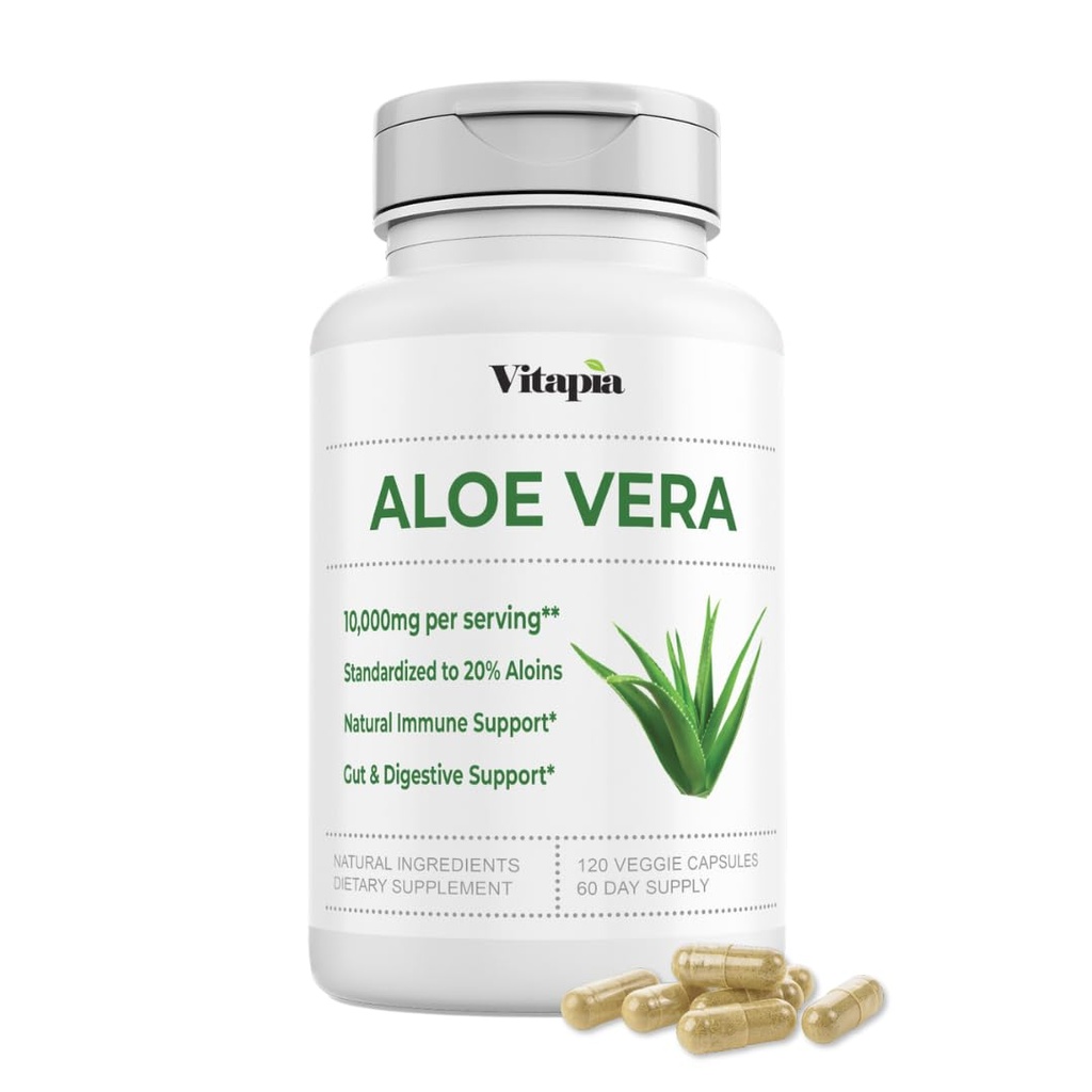 有机Aloe Vera Capsules 20% Aloins 补充 - 纯内叶 Gel 集中 - 消化,古特健康,皮肤,免疫支持 - 120 计数 - 非GMO, Gluten-Free, Vegan
