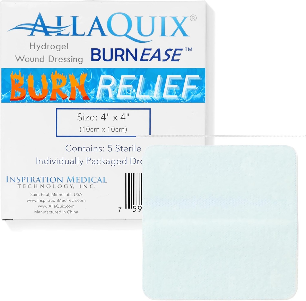AllaQuix – XL 4' Sterile Pades (Box of 5) BurneTM Hydrogel Burning Pades by AllaQuix – XL 4" 火烧的快速冷却救济 Burns, Scalds, Sunburn → Moist 伤口治疗 Gel 急救和紧急烧伤护理