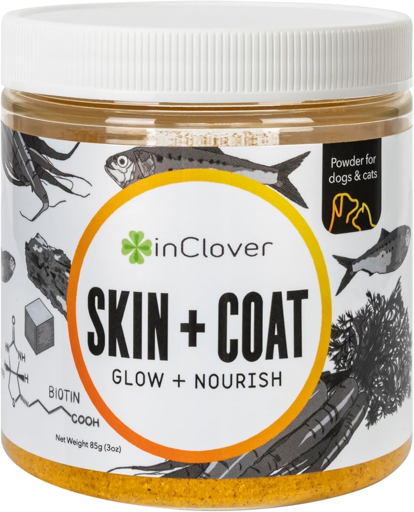 在Clover Dog皮和Coat补充品中,BioRadiant自然补充品包括狗、健康皮和Coat、鱼油替代用途胡萝卜、椰子、Omega 3's、Biotin和Zinc Soothe Skin。