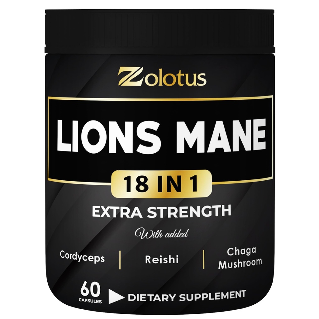 Zolotus Lions Mane 蘑菇帽 配有 Cordeyceps, 长老莓, Ginkgo Biloba, Bacopa - 60 Capsules