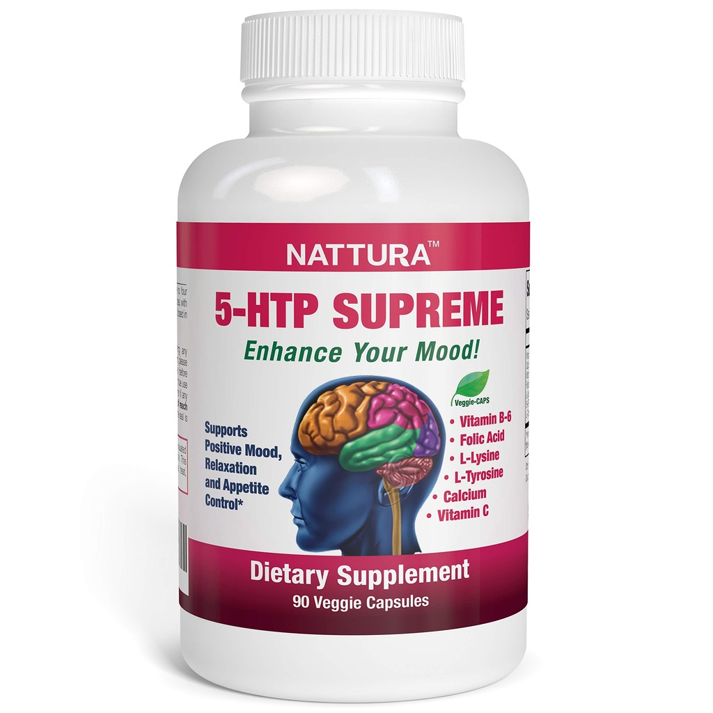 Nattura 5-HTP Supreme - 用于阳性摩擦、放松和吞噬控制 - 含5-HTP、L-Tyrosine、L-Lysine、维生素B6、Folate(叶酸)、维生素C(阿斯科比克酸)、钙-90卡普尔