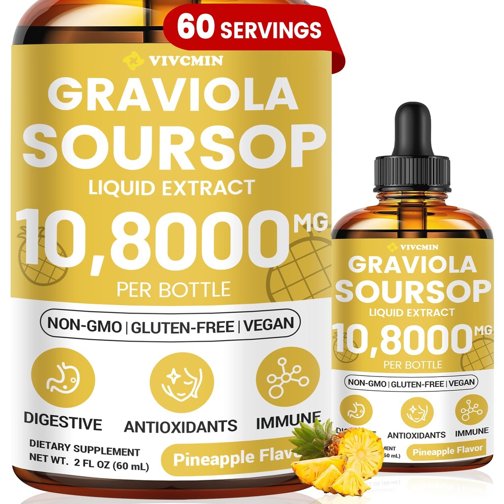 Graviola Soursop 叶提取液 - Soursop 位点液体,支持 Immune, 放松, 活人和睡眠, 糖和酒精-无, 极易吸食公式, Pineapple Flavor, 2 Fl Oz
