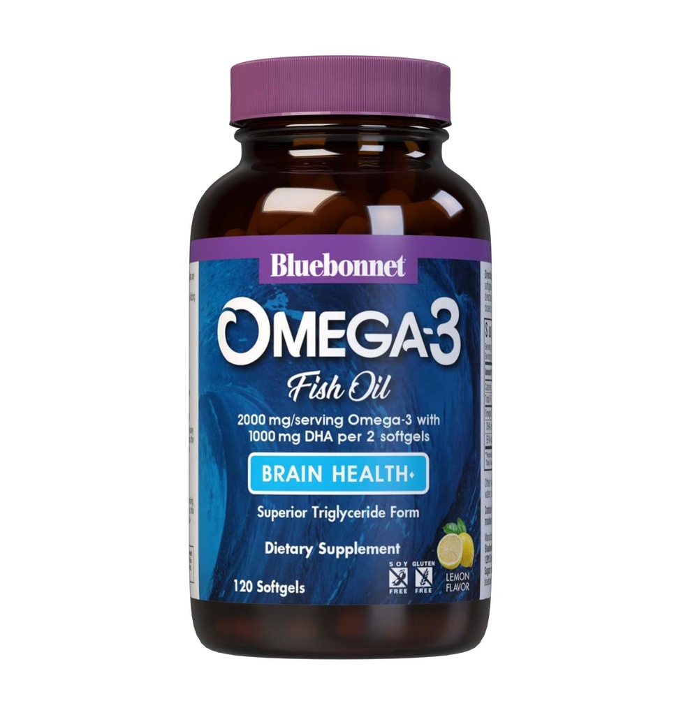 BlueBonnet 营养 Omega-3 大脑公式 自然野生捕捉Triglyceride表 DHA 1000 mg EPA 210 mg, 高度集中认知健康与健康支持补充, Gluten-Free Softgel, 黄/清, 柠檬, 120 mg
