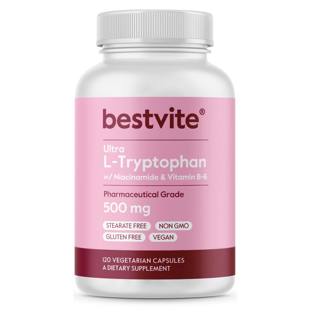 BESTVITE L- Tryptophan 500 mg 配有 B3 & B6 (120 植物盖) – 无填充器 – 无 Stearates