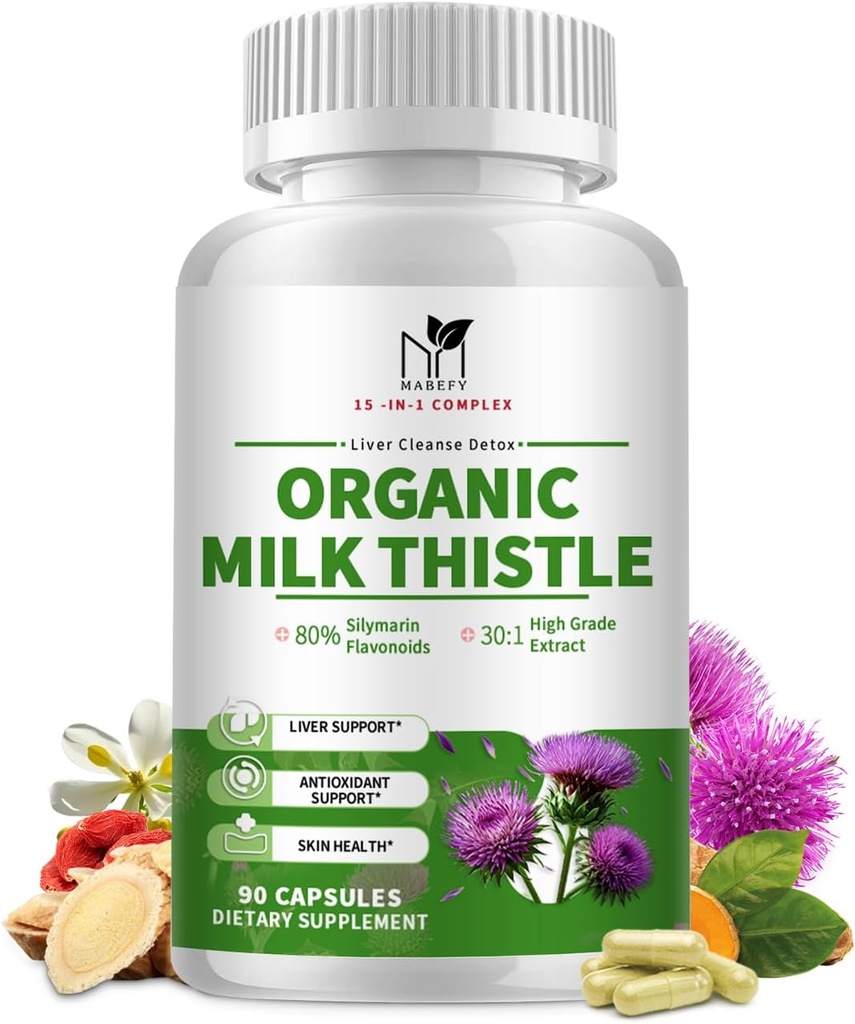 有机牛奶 硝酸肝脏除毒补充剂 - 15-in-1 配有Silymarin,抗氧化剂, & Herbal Blend - 90 Capsules