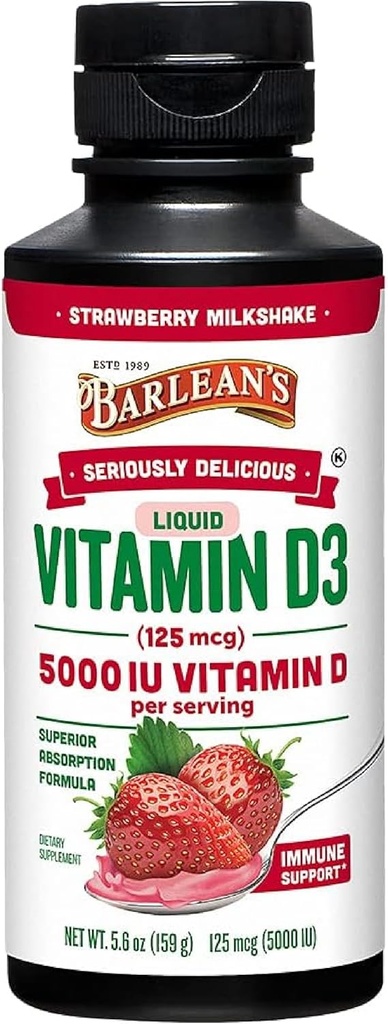 Barlean的液体维生素D, 5000 IU D3, 草莓奶昔为儿童和成年人燃烧, 最大吸收, 非GMO, Gluten-free - 5.6 oz