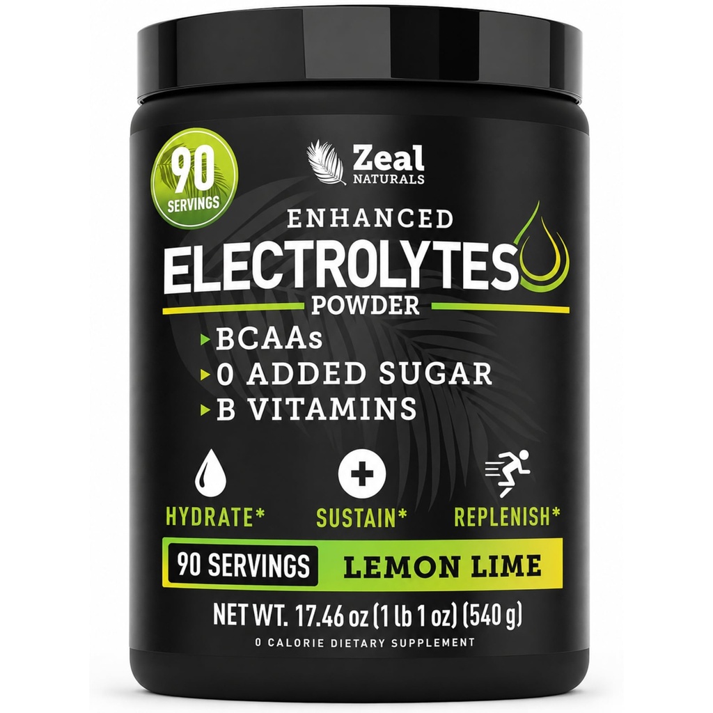 Zeal Naturals Electrolyte Powder Recovery drink (90 services QQ柠檬液) w 0 糖 + BCAAs + B-维生素 电解补充 w 钾 锌和镁 水解 - Keto 电解质