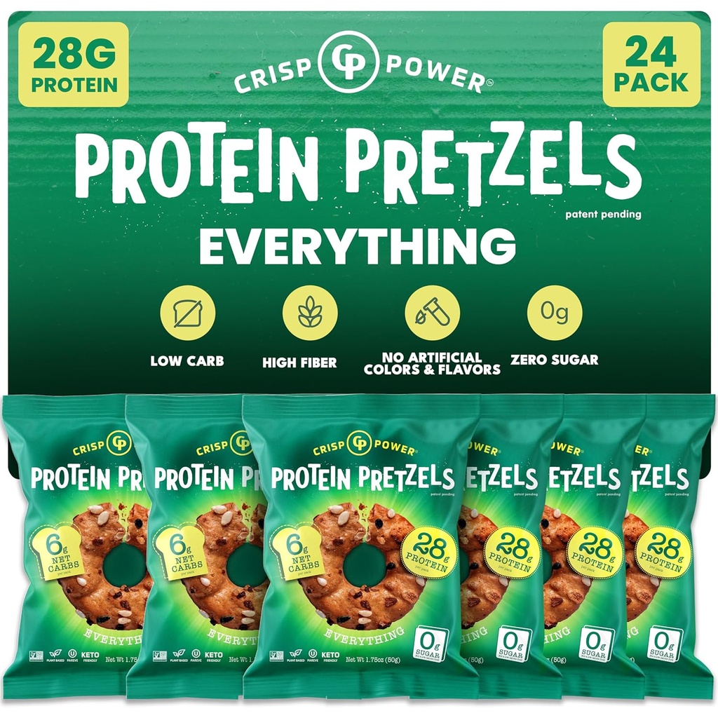 晶体动力蛋白脆饼 万事俱备 高蛋白 Vegan Keto Snack 28 G 植物基蛋白 低卡布 Crunchy Pretzel Snacks 无糖 无种子油 1.75 oz Bags 24 Pack