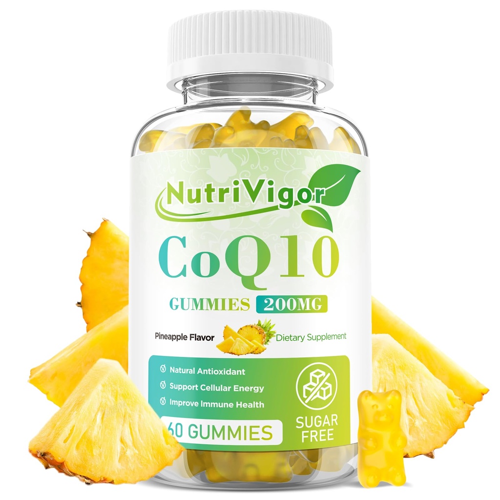 CoQ10 Gummys,Coenzyme Q10 补充200 mg,高吸收 CoQ10 细胞能和免疫健康补充,Vegan,Gluten Free,Pineapple Flavor, 60 Counter