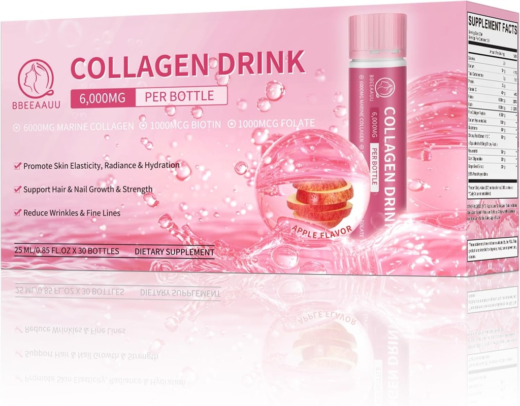 Collagen 喝 6000mg 海洋Collagen Peptides, 液化Collagen Shots for Women with Hyaluronic Acid, Vitamin C, Collagen 补充 支持皮肤, Hair & Nail, 0.85 Fl.Oz x30 Bottles, Apple Flavor