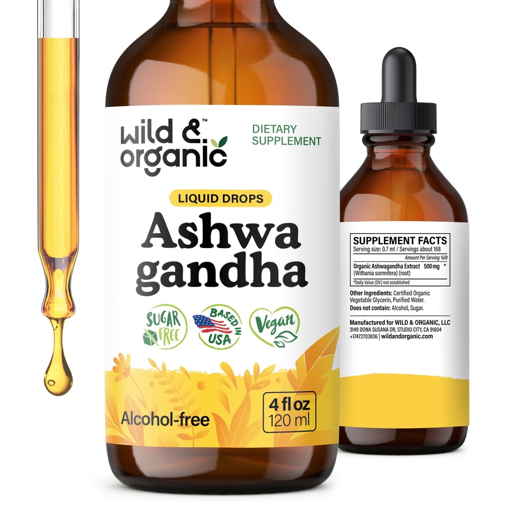 野生和有机的 Ashwagandha Drops - Mood 支持补充 w/ Ashwagandha 根提取 - 液体滴以保持冷静 - 放松补充 - 无糖和无酒精 - 4 fl oz
