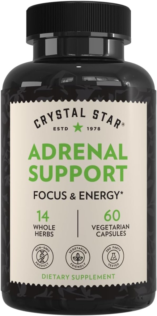 Crystal Star肾上腺素支持补编(60 Capsules) – Daily Herbal Cortisol Relief & Adrenal Fatigue – 西伯利亚埃勒奥瑟罗,利科里斯,乌瓦乌尔西,Astragalus & Fo-ti – 非GMO