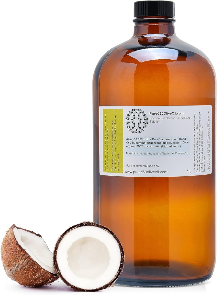 纯C60OliveOil C60 有机MCT椰子油 1L / 33.8 Fl Oz - 99.95% 碳60 溶液自由400mg - 琥珀玻璃瓶 - 碳60 椰子油 - 来自领先的全球生产商