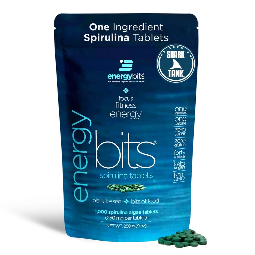 ENERGYBITS - 有机螺旋藻片 - 以植物为主的藻类超食品 - 用于聚焦,适应,能源 - 植物蛋白 - 不含胶原 - 柯拉根,维生素B12,Omega 3 - Keto & Vegan - 1000 Algae片