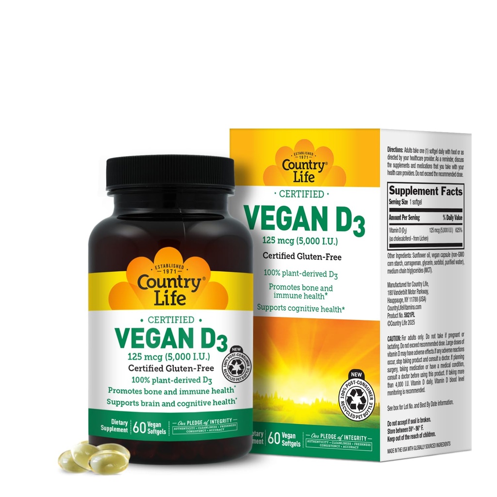 乡村生活 Vegan D35000 IU – 来自Lichen的植物耐用维生素D3 – 高概率Immune & Bone支持 – 认证 Vegan,无胶,非GMO – 60 Softgels