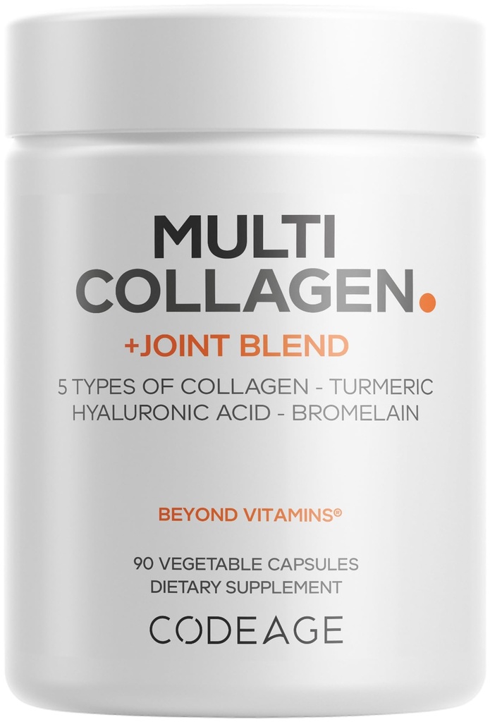 编码多Collagen蛋白+联合混合补充剂,Hyaluronic Acid, Bromelain, Turmeric, Ginger, Boswellia, Astaxanthin - 水解Bovine Collagen - 5Collagen类型 - 非GMO - 90 Capsules