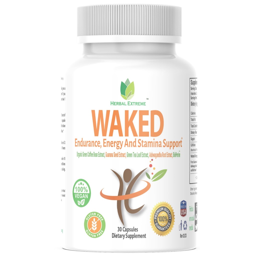 Waked Endurance, Energy And Stamina 支持 30 Capsules 有机绿色咖啡豆提取,瓜拉纳种子提取,绿茶叶提取, Ashwagandha 根提取, 和 黑椒提取作为生物牡蛎