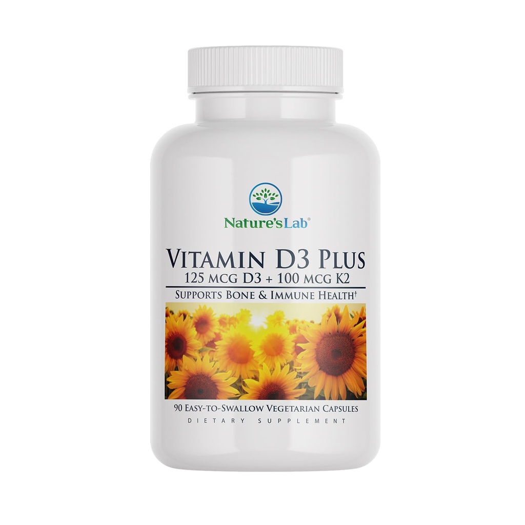 自然实验室维生素D3 Plus - 含有维生素D3和K2(MK7)用于免疫支持,健康骨骼和心血管健康* - Gluten Free,非转基因生物 - 90 Capsules (3个月供应)