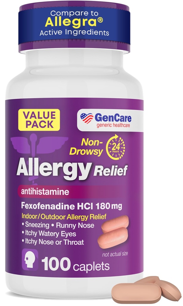 GenCare过敏药丸 - Fexofenadine 180mg 24小时非昏睡过敏药 抗希斯泰胺,与 Allegra 24小时非昏睡药丸相比,用于痒眼, Runny Nose, Hives (100 计数)
