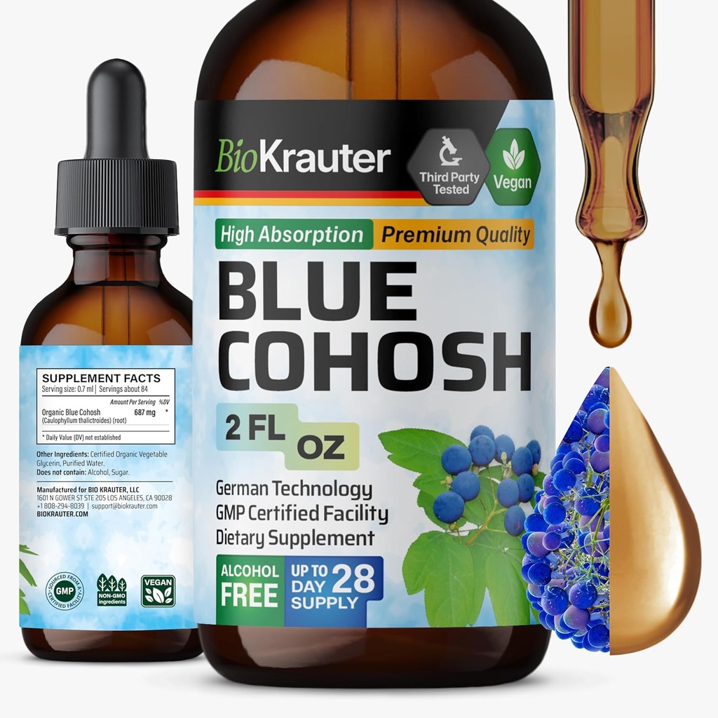 BIO KRAUTER* 女性更年期补编* - 蓝色Cohosh Tincture 2 Fl.Oz 28天供应 - Vegan Blue Cohosh 支持更年期摘录 - 酒精和糖无忧 - 放松和妇女的健康