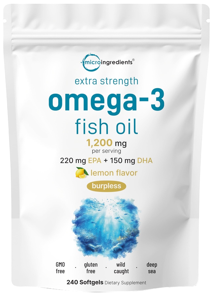 微量成份 超强 Omega 3 鱼油补充剂 1,200 mg 人服务,240 软胶 | Lemon Flavored | Burpless | 基本脂肪酸 | EPA 220 mg + DHA 150 mg | 深海鱼