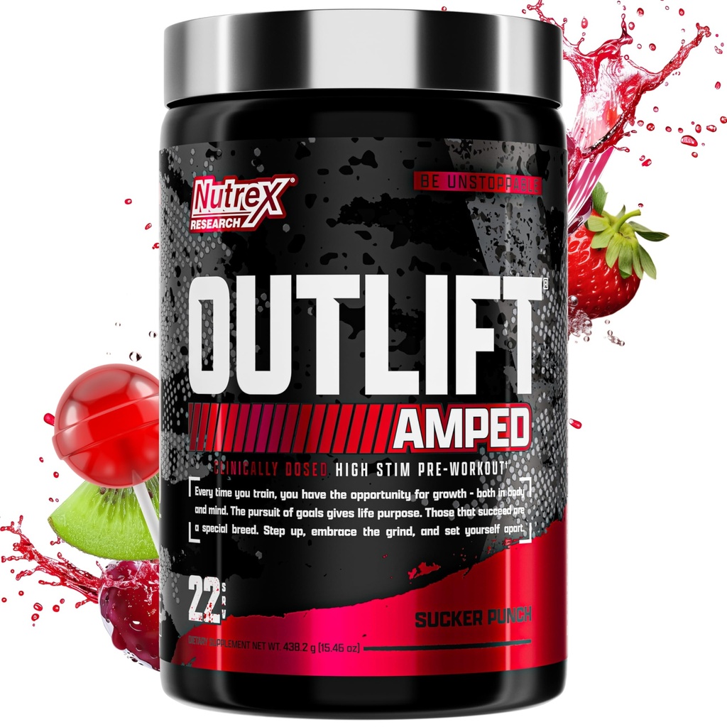 OUTLIFT Ampped Max Dosed high STIM Pre Workingout Power, 6G Citrulline, 3.2G Beta Alanine, Alpha GPC, CognatiQ, 极端能量, 大型泵, 强力, 电解质, 诺特罗波克, 水果扑克, 22 服务