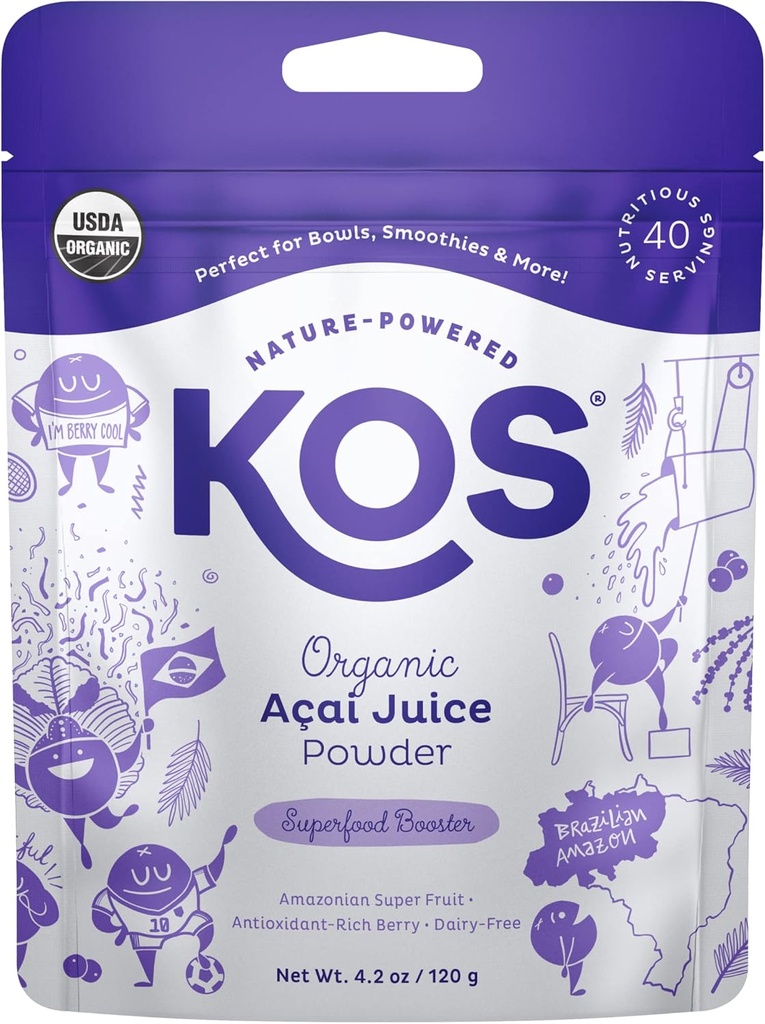 KOS USDA 有机Acai 粉末,无甜超食品 - 天然抗氧化剂,Acai Berry for Smoothies and Bowls - 苯酚富含剂,无胶质,非GMO,气候友好可回收袋,40种服务