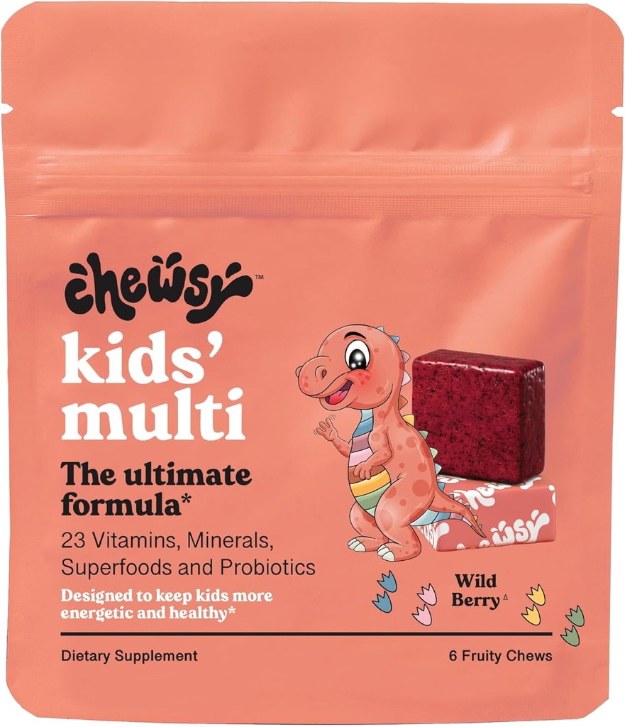 Chewsy Kids' multivevitamin + Probiomin + Superfoods Chews, Immune 和 消化支持,维生素 A, C, D3, E, Zinc, Kids Chewable 补充,个人包装水果 Chews, 6天供应(1)