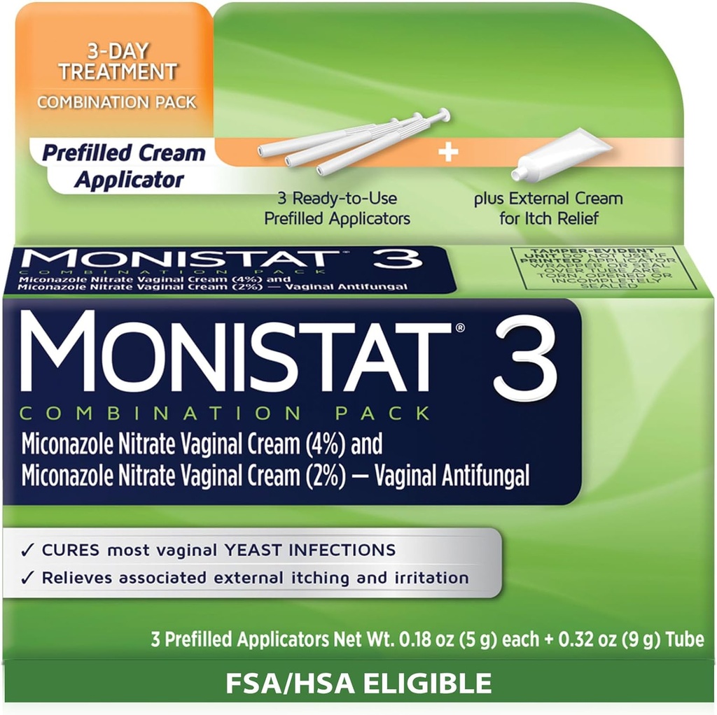妇女3天的Yeast感染治疗,3个Miconazole预装Cream应用器和外部Monistat 抗乳油包