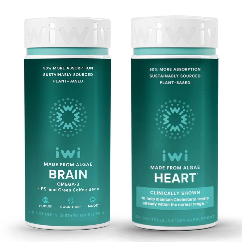 Iwi Life Brain & Heart Omega-3 Bundle, 30名服务员, Vegan 厂制藻类 Omega 3, Krill 和鱼油替代品, 无鱼味余料