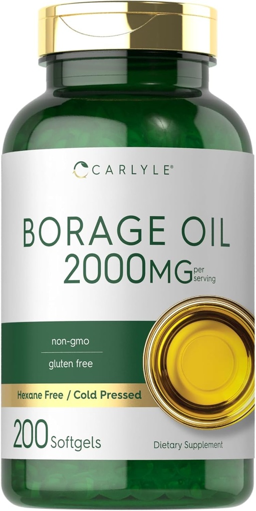 Carlyle Borage Oil Supplement → 2000 mg → 200 Softgel Capsules → 320 mg of GLA → 冷压和六烷自由 → Non-GMO & Gluten Free