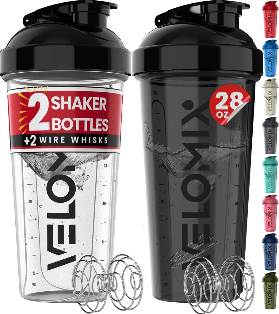 VELOMIX - 2 Pack - 28 oz 蛋白质摇摆瓶 蛋白质搅拌机 - 2x 电威斯克 | Leak Proof Shaker 杯 蛋白质摇摆机 | 蛋白质摇摆瓶 包 (黑色/透明)