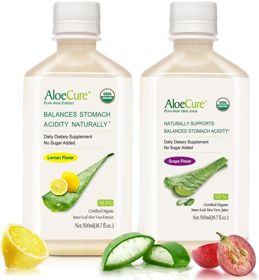 AloeCure 有机Aloe Vera Juice - 2瓶样品包 - 柠檬和葡萄火焰 - 2x500ml