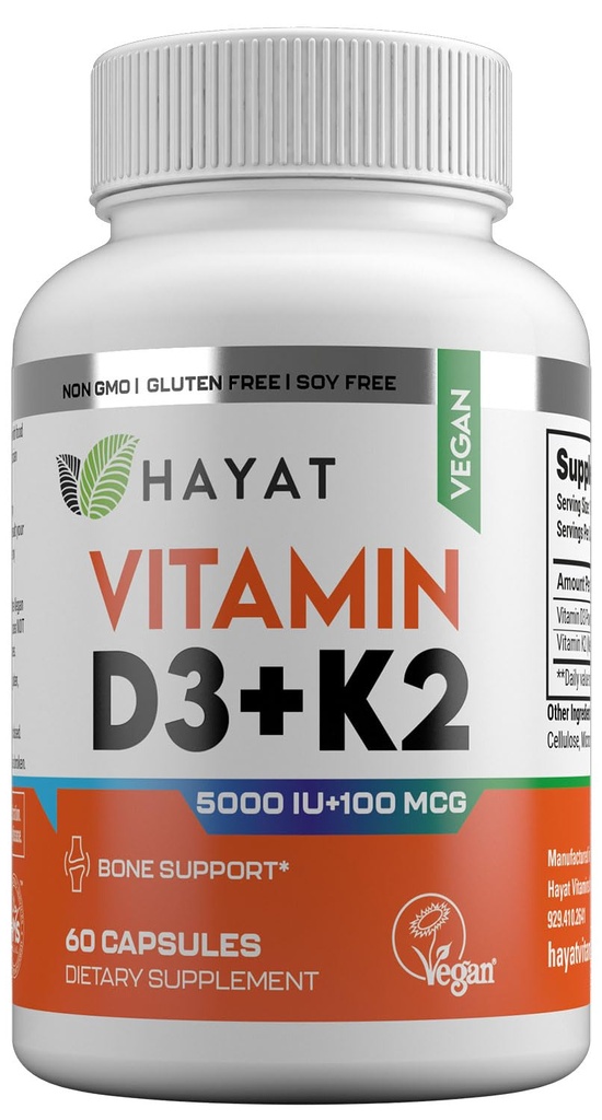 HAYAT 维生素 Vegan 维生素D3+K2 (5000 IU + 100 MCG),Bone,Teeth,肌肉和免疫健康支持的饮食补充,2个月供应,认证Halal,60 Capsules,美国制造