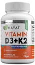 HAYAT 维生素 Vegan 维生素D3+K2 (5000 IU + 100 MCG),Bone,Teeth,肌肉和免疫健康支持的饮食补充,2个月供应,认证Halal,60 Capsules,美国制造