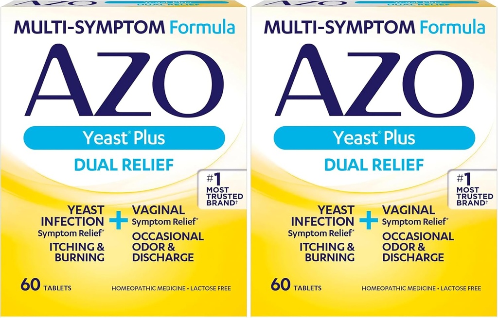 AZO Yeast Plus 双重救济药片,Yeast感染和阴道症状救济药片,Lieves Titching & Burning, 60 Countries (Pack of 2).