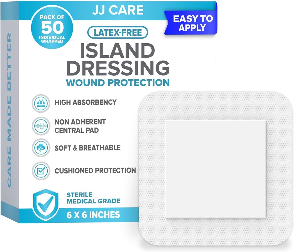 JJ CARE Adhessive Island dressing [Pack of 50], 6x6 Sterile Beared Gauze dressing, Breathable Island 伤痕穿戴 个人包装 高度厌倦的非斯地克中心 Pad