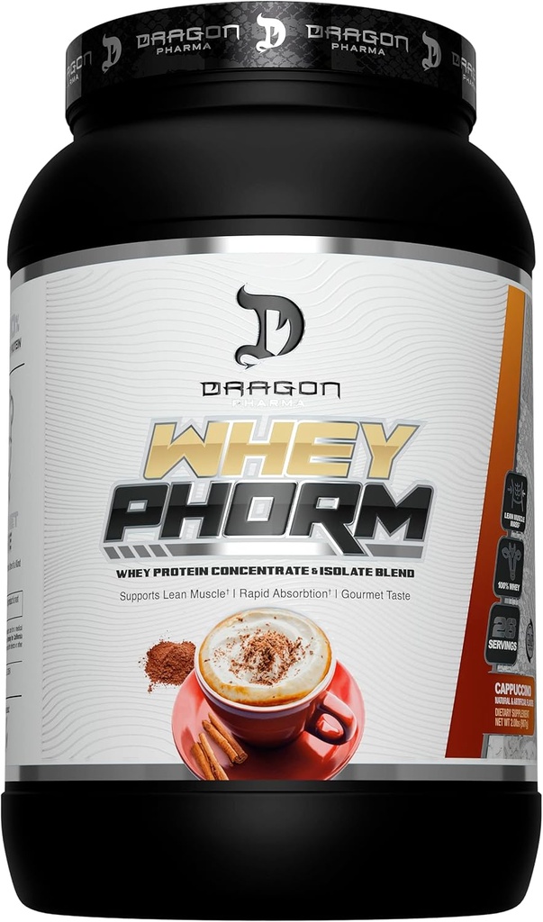 DRAGON PHARMA WHEY蛋白混合剂,快速吸收,Gluten Free,100%WHEY蛋白,WHEHEPHORM,最大化恢复,Great Tasting,25克蛋白(26种服务,卡布奇诺)