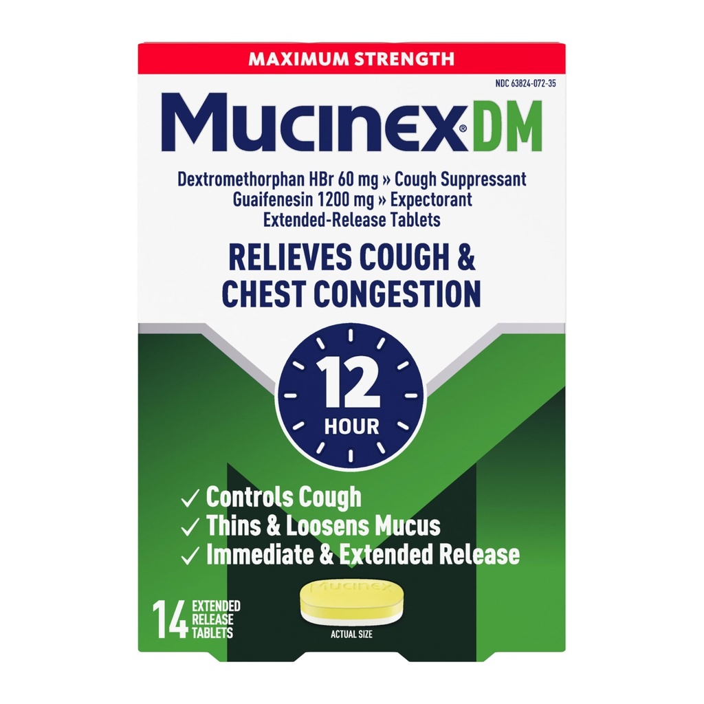 咳嗽抑制剂和预期剂,Mucinex DM 最大强度 12小时平板药,14厘米,1200毫克 Guaifenesin, 解放胸腔摄入,静湿和干咳, 1名医生推荐 OTC 预测剂