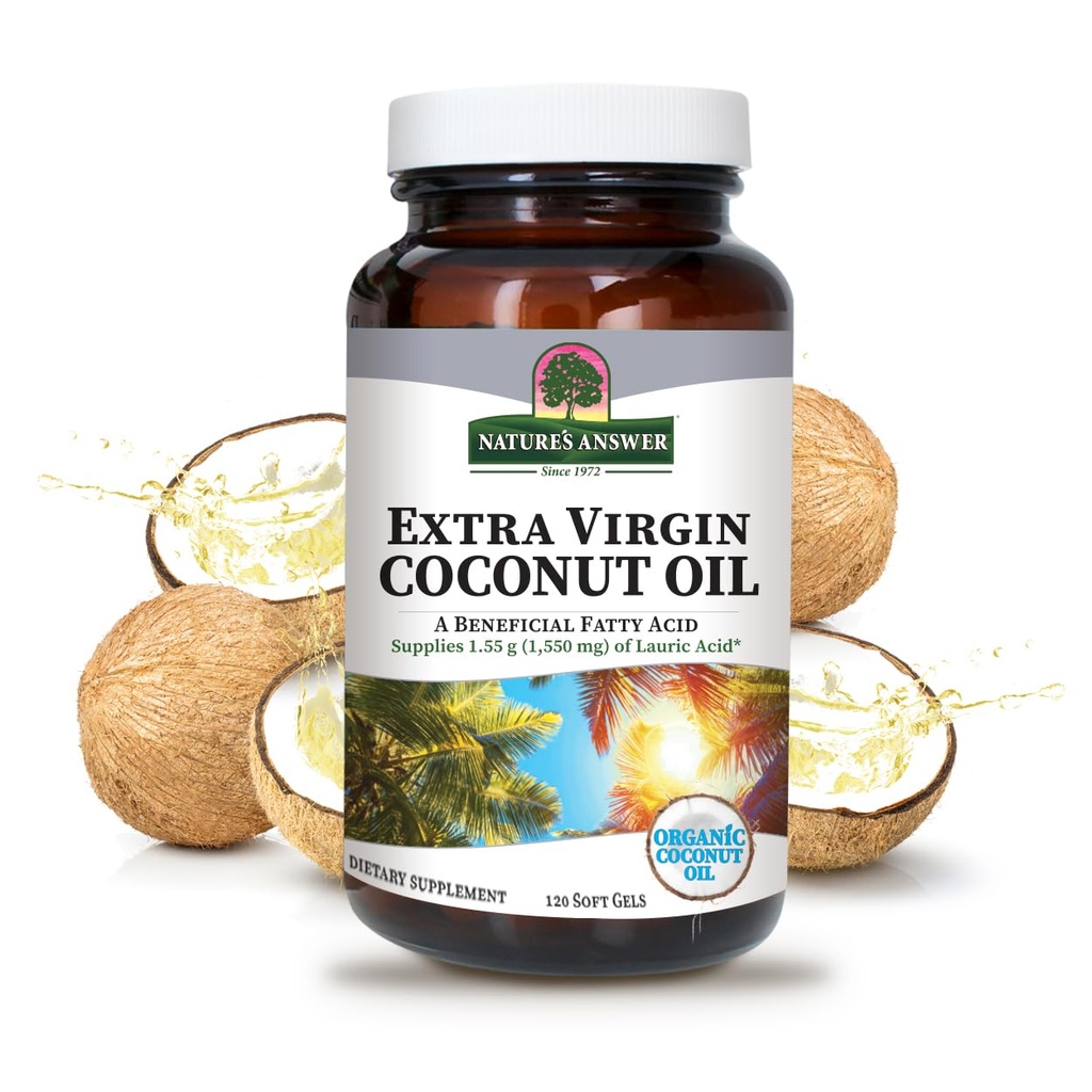 Nature's Answer Extra Virgin Coconut Oil Softgels 有机椰子油 多用途非GMO理想 毛皮皮肤摩擦剂(包2)