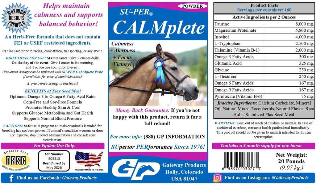 SU-PER CALPLPLTE 冷却马的补充 - 保持冷静和平衡的行为 - Thiamine, Tryptophan & Magnesium - 20英镑,5个月供应(150天)