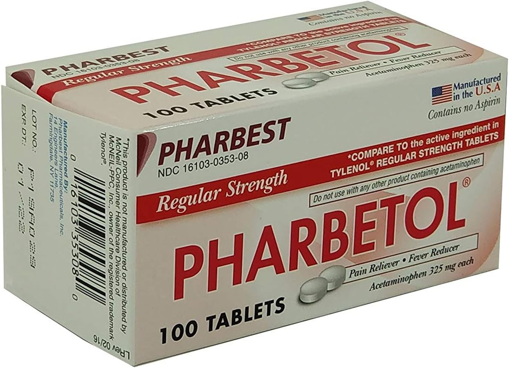 Pharbetol Acetaminophen 325mg 常规强力, 痛苦解脱器, Fever 减速板 100 计数 (Pack of 1)