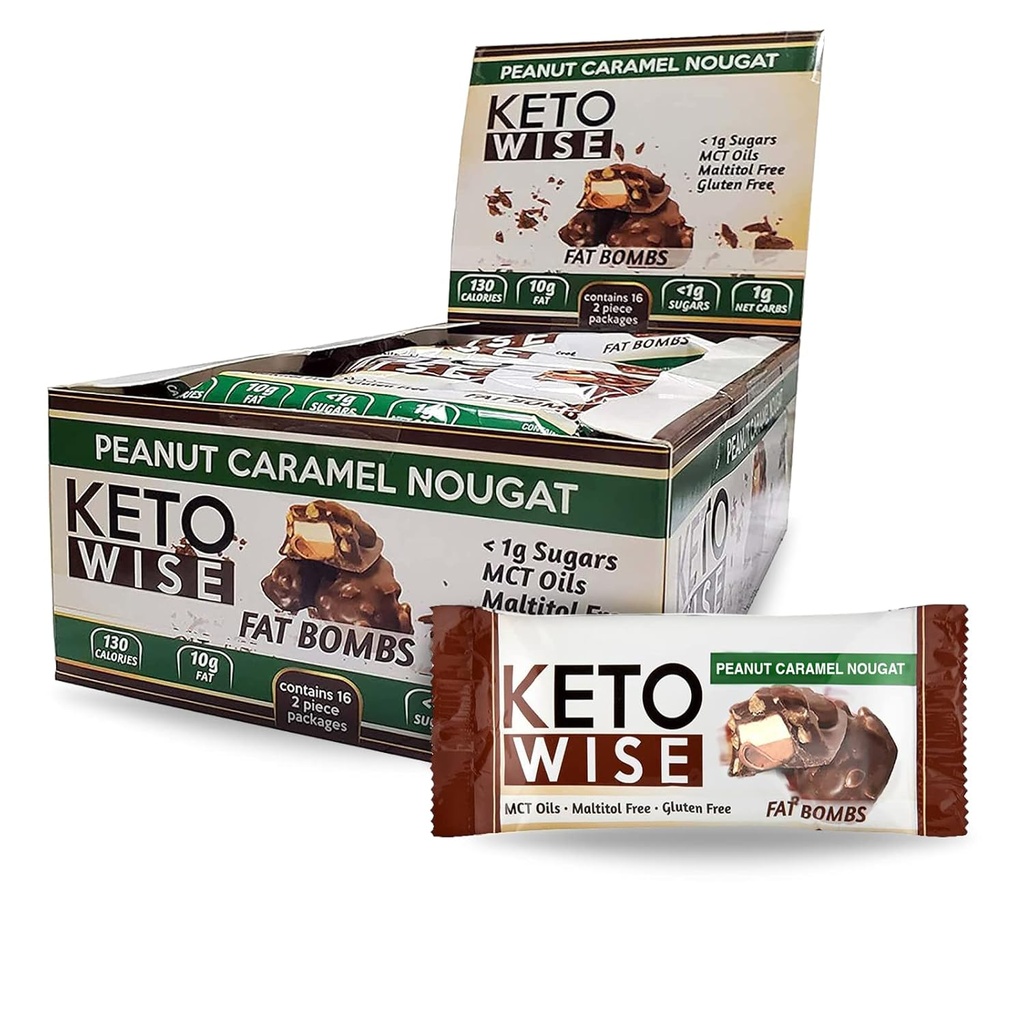 Keto Wise Fat Bombs - 含有MCT Oil的巧克力制造 - 低脂肪,低碳和Keto Friendly Snack - 7g Fat, 2g Net Carbs QQ 花生焦糖 Nougat,包装16