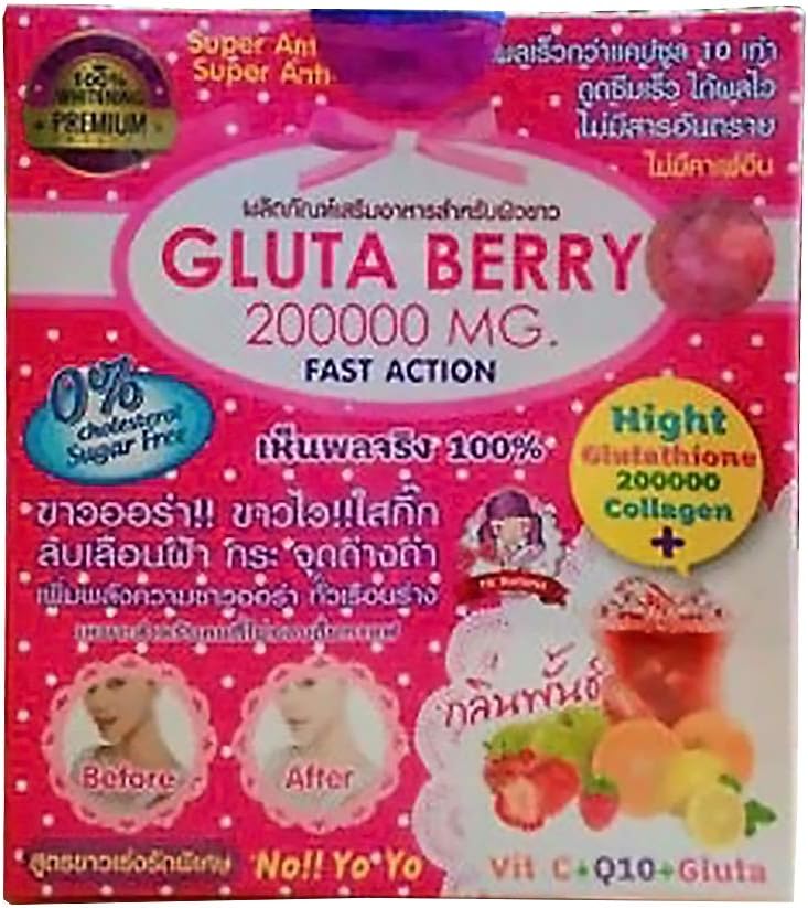 2Box (英语). Gluta Berry Juice 补充 200000毫克. 提高白气的功率 遍及全身 白气 皮肤 白色 淡色 雀斑 暗点 快速吸收 有效 1 Box / 10 sachets.
